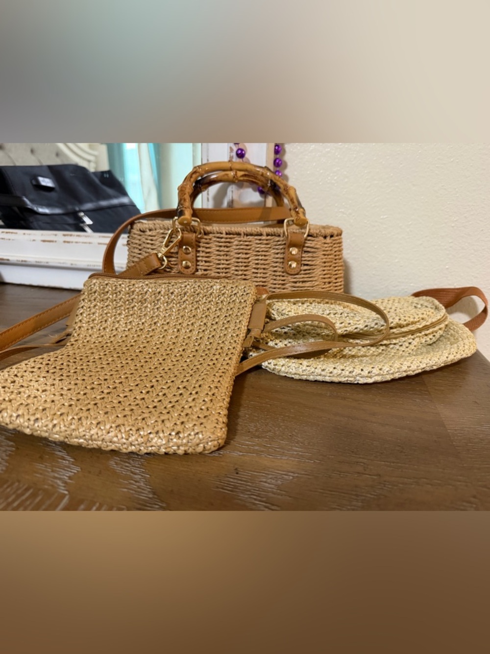 Woven Straw Tote & Pouch Set - Tan
